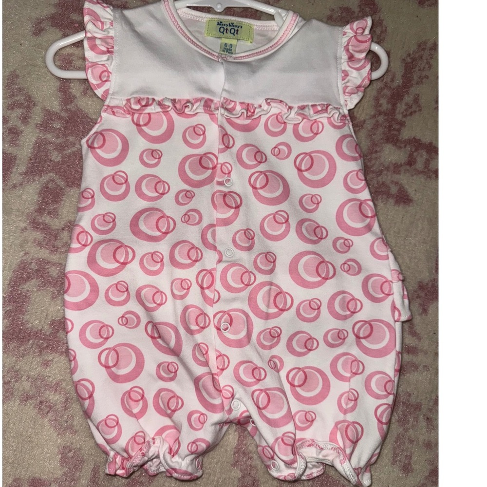 Kissy Kissy QtQt Baby Girl Romper Bubble Pink Circles Ruffle Trim 6-9 Months
